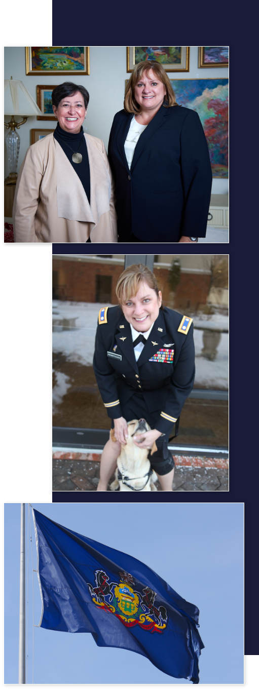 Combat Veteran, Tracy Pennycuick, in uniform with dog. Appearance in military uniform does not imply or constitute endorsement by the US Department of Defense or any of its particular military departments. Pennsylvania state flag.
